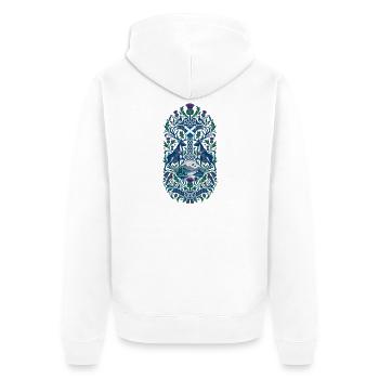 Schottland | Distel, Hirsch & Keltenmuster - Unisex Premium Bio Zip Hoodie - Weiß - Hinten - Thijin (182cm)