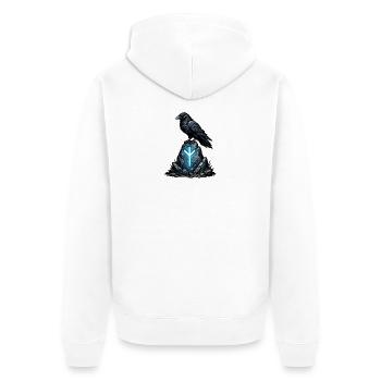 Rabe auf Runenfels mit Leuchtzeichen - Unisex Premium Bio Zip Hoodie - Weiß - Hinten - Thijin (182cm)