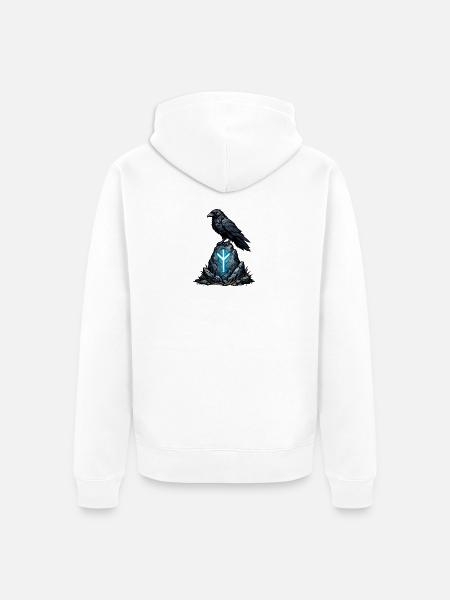 Rabe auf Runenfels mit Leuchtzeichen - Unisex Premium Bio Zip Hoodie - Weiß