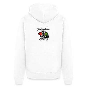 Independence GUINÉE“ mit Faust & Flaggenfarben - Unisex Premium Bio Zip Hoodie - Weiß - Hinten - Thijin (182cm)