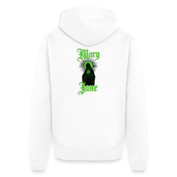 Mary Jane — Blackletter Stoner-Street-Rebellin - Unisex Premium Bio Zip Hoodie - Weiß - Hinten - Thijin (182cm)