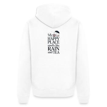 Happy Place: Rain & Tea – British Tea Design - Unisex Premium Bio Zip Hoodie - Weiß - Hinten - Thijin (182cm)