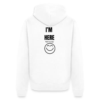 ICH BIN HIER, leider, Lächeln, lustig und sarkastisch, - Unisex Premium Bio Zip Hoodie - Weiß - Hinten - Thijin (182cm)