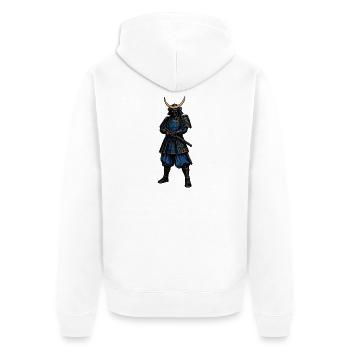 Samurai mit blauer Rüstung und Mondhelm - Unisex Premium Bio Zip Hoodie - Weiß - Hinten - Thijin (182cm)