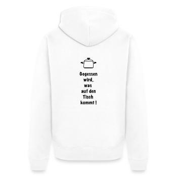Gegessen wird was auf den Tisch kommt Kochschürze - Unisex Premium Bio Zip Hoodie - Weiß - Hinten - Thijin (182cm)