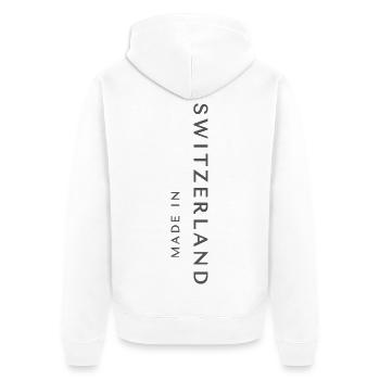 Made in Switzerland, Schweizer Stolz - Unisex Premium Bio Zip Hoodie - Weiß - Hinten - Thijin (182cm)