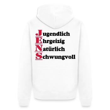 Jens , Vorname,Namensschild,Name,Fun Shirt (25) - Unisex Premium Bio Zip Hoodie - Weiß - Hinten - Thijin (182cm)