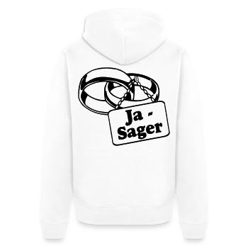 Junggesellenabschied, JGA Bräutigam - Ja Sager(25) - Unisex Premium Bio Zip Hoodie - Weiß - Hinten - Thijin (182cm)