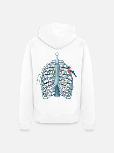 Caged Heart - Ribcage, Blossoms & Bird Surreal Art - Unisex Premium Organic Zip Hoodie - white