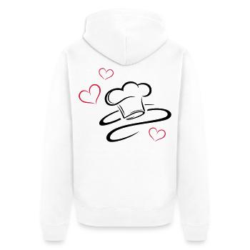 Koch, Kochmützen Logo mit drei Herzen. - Unisex Premium Bio Zip Hoodie - Weiß - Hinten - Thijin (182cm)