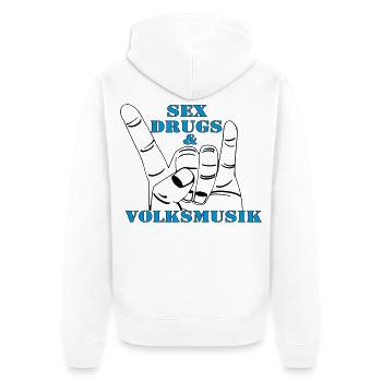 Volksmusik , Volksfest , Fun Shirt , Sex Drugs(25) - Unisex Premium Bio Zip Hoodie - Weiß - Hinten - Thijin (182cm)