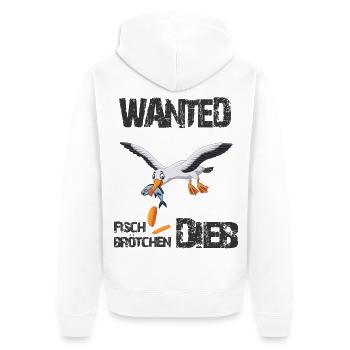 Wanted - Der berüchtigte Fischbrötchen Dieb - Unisex Premium Bio Zip Hoodie - Weiß - Hinten - Thijin (182cm)