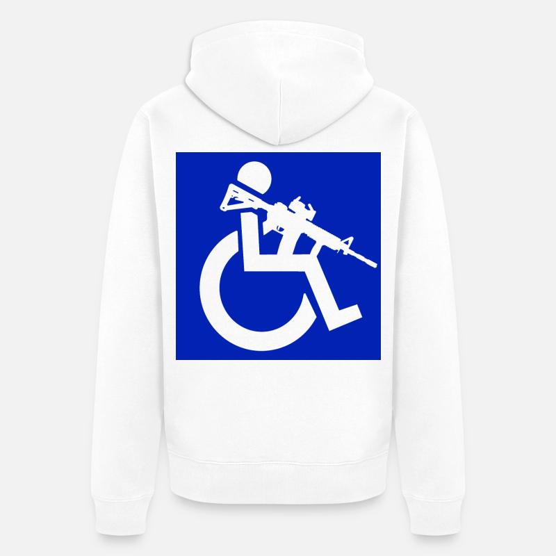 Bild eines Rollstuhlfahrers mit einem Gewehr # - Unisex Premium Bio Zip Hoodie - Weiß