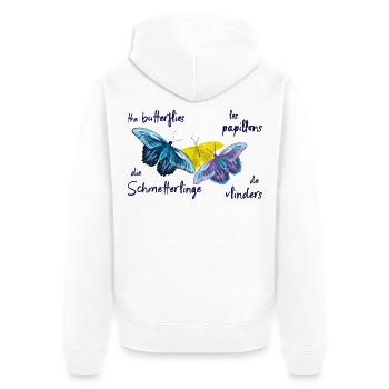 Papillons colorés, 4 langues - Veste à capuche bio Premium Unisexe - blanc - Dos - Thijin (182cm)