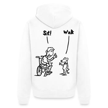 Setzen Sie sich hin und gehen Sie. Rollstuhl- und Hundehumor # - Unisex Premium Bio Zip Hoodie - Weiß - Hinten - Thijin (182cm)