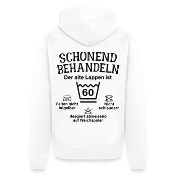 Schonend Behandeln Lappen Geschenk 60. Geburtstag - Unisex Premium Bio Zip Hoodie - Weiß - Hinten - Thijin (182cm)