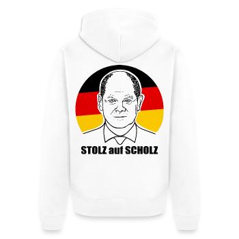 stolz auf Scholz, Bundeskanzler, Deutschland Shirt - Unisex Premium Bio Zip Hoodie - Weiß - Hinten - Thijin (182cm)