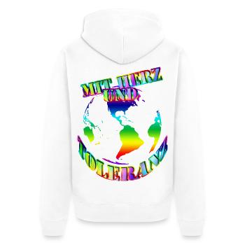 with heart and tolerance World - Unisex Premium Organic Zip Hoodie - white - Back - Thijin (182cm)