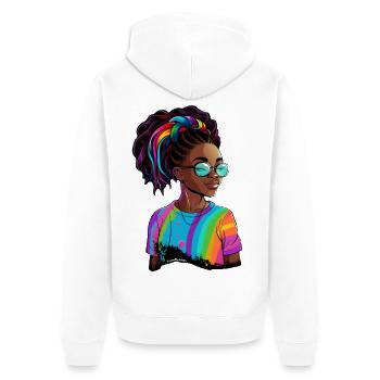 Bunte Dreadlocks und Regenbogen-T-Shirt - Unisex Premium Bio Zip Hoodie - Weiß - Hinten - Thijin (182cm)