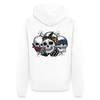 Kopfskelett Trio Würfel Bandana - Unisex Premium Bio Zip Hoodie - Weiß - Hinten - Thijin (182cm)