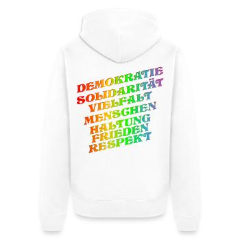 DEMOKRATIE SOLIDARITÄT VIELFALT - Unisex Premium Bio Zip Hoodie - Weiß - Hinten - Thijin (182cm)