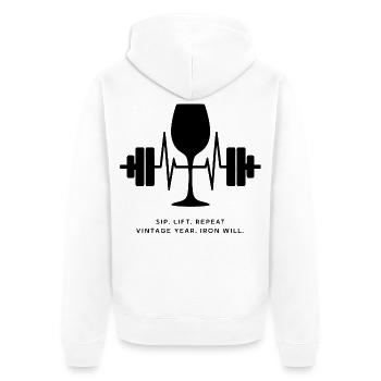 Genuss und Kraft: Wein und Gewichte - Unisex Premium Bio Zip Hoodie - Weiß - Hinten - Thijin (182cm)