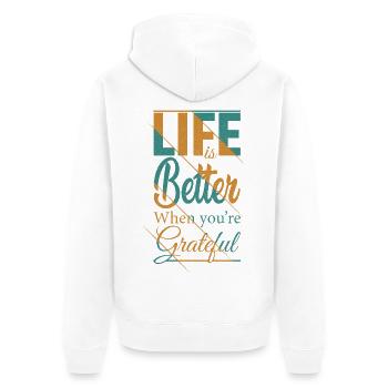 Das Leben ist besser, wenn du dankbar bist - Unisex Premium Bio Zip Hoodie - Weiß - Hinten - Thijin (182cm)