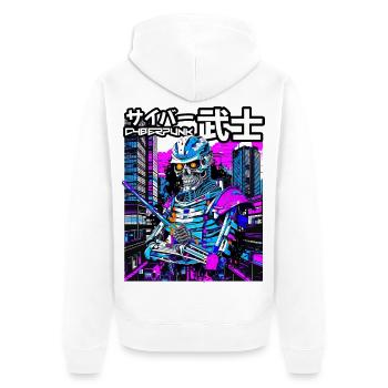 Cyber-Samurai Skelett Neon City - Unisex Premium Bio Zip Hoodie - Weiß - Hinten - Thijin (182cm)