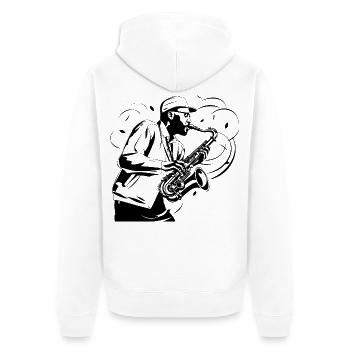 Saxophonist Zeichnung - Unisex Premium Bio Zip Hoodie - Weiß - Hinten - Thijin (182cm)