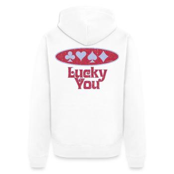Kartenglück: Lucky You - Unisex Premium Bio Zip Hoodie - Weiß - Hinten - Thijin (182cm)