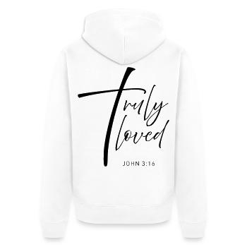 CROSS truly loved - Unisex Premium Bio Zip Hoodie - Weiß - Hinten - Thijin (182cm)