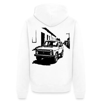 Offroad-Legende Klassik - Unisex Premium Bio Zip Hoodie - Weiß - Hinten - Thijin (182cm)