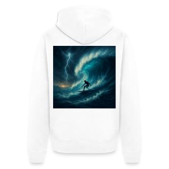 Storm Surfer - Surfen auf riesiger Welle - Unisex Premium Bio Zip Hoodie - Weiß - Hinten - Thijin (182cm)