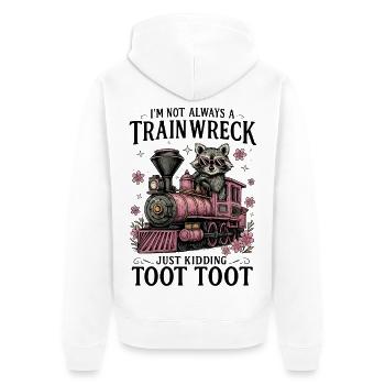 Ich bin nicht immer ein Zugunglück, nur ein Scherz - Unisex Premium Bio Zip Hoodie - Weiß - Hinten - Thijin (182cm)