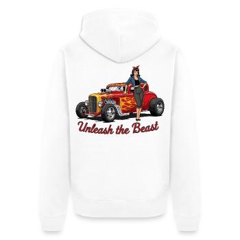 Rostiges Hot Rod mit Weiblicher Begleitung - Unisex Premium Bio Zip Hoodie - Weiß - Hinten - Thijin (182cm)