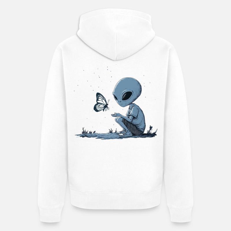 Un extraterrestre et un papillon mignons - Veste à capuche bio Premium Unisexe - blanc