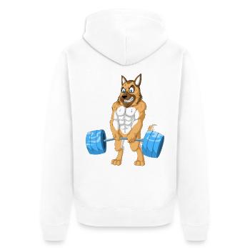 Deutscher Schäferhund Gewichtheben - Unisex Premium Bio Zip Hoodie - Weiß - Hinten - Thijin (182cm)
