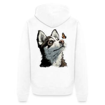 Chiot husky curieux et papillon - Veste à capuche bio Premium Unisexe - blanc - Dos - Thijin (182cm)