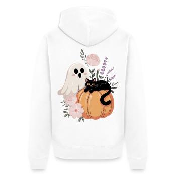 Geist Kürbis Katze Vintage Blumen Halloween Herbst - Unisex Premium Bio Zip Hoodie - Weiß - Hinten - Thijin (182cm)