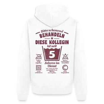 5 Jahre Dienst - Schonend behandeln - Kollegin - Unisex Premium Bio Zip Hoodie - Weiß - Hinten - Thijin (182cm)