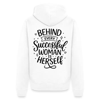 Behind every successful woman – Woman Power - Unisex Premium Bio Zip Hoodie - Weiß - Hinten - Thijin (182cm)