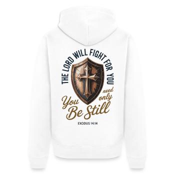 Bouclier et croix chrétienne Verset biblique Exode 14:14 - Veste à capuche bio Premium Unisexe - blanc - Dos - Thijin (182cm)