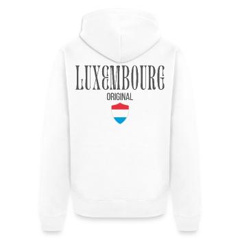 Ursprünglich aus Luxemburg, geboren in Luxemburg - Unisex Premium Bio Zip Hoodie - Weiß - Hinten - Thijin (182cm)