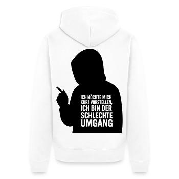 Schlechter Umgang, lustiger Spruch Kurzvorstellung - Unisex Premium Bio Zip Hoodie - Weiß - Hinten - Thijin (182cm)