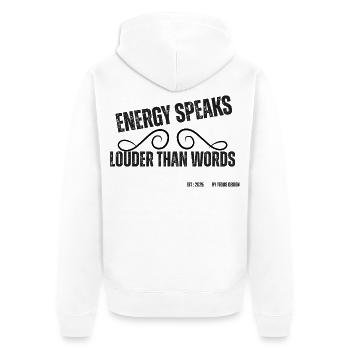 Energie spricht lauter als Worte - Unisex Premium Bio Zip Hoodie - Weiß - Hinten - Thijin (182cm)