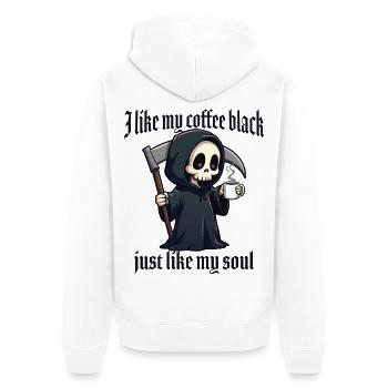 Ich mag meinen Kaffee schwarz, genau wie meine Seele - Unisex Premium Bio Zip Hoodie - Weiß - Hinten - Thijin (182cm)