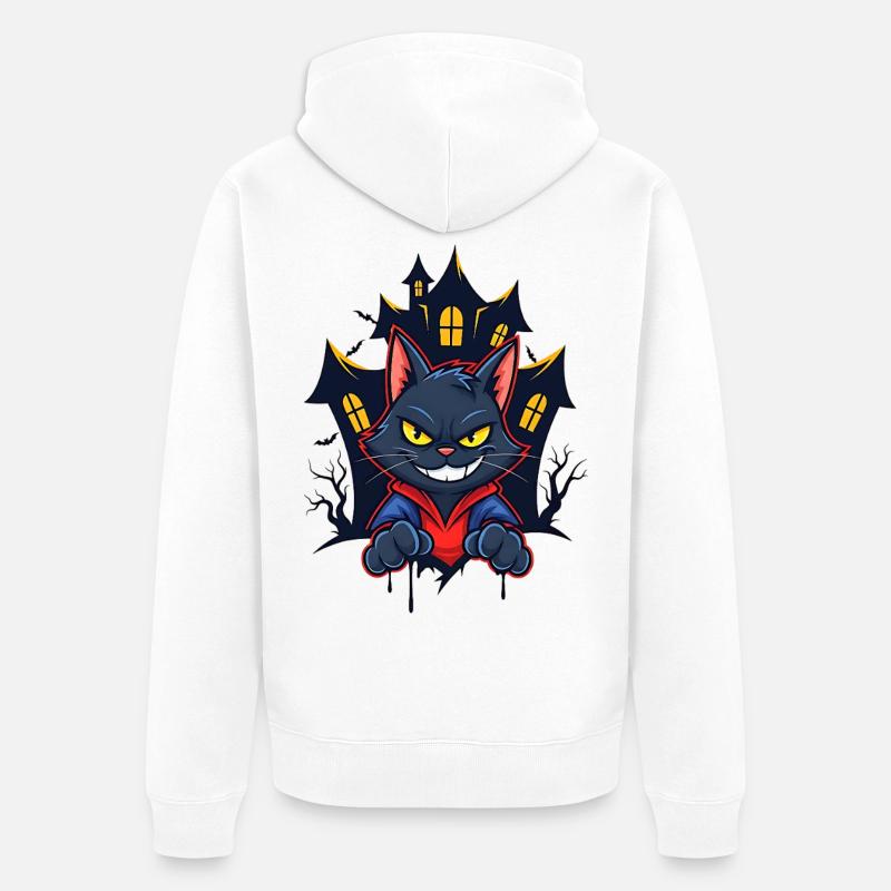 Chat souriant devant une maison hantée - Veste à capuche bio Premium Unisexe - blanc