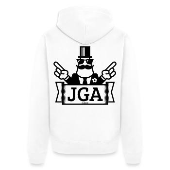 JGA Handzeichen (Junggesellenabschied / 1C) - Unisex Premium Bio Zip Hoodie - Weiß - Hinten - Thijin (182cm)