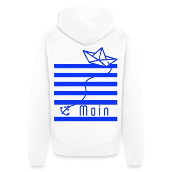 Papierschiff auf blauen Streifen mit Schrift Moin - Unisex Premium Bio Zip Hoodie - Weiß - Hinten - Thijin (182cm)