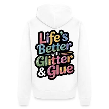 Glitzer & Kleber Lebensfreude - Unisex Premium Bio Zip Hoodie - Weiß - Hinten - Thijin (182cm)